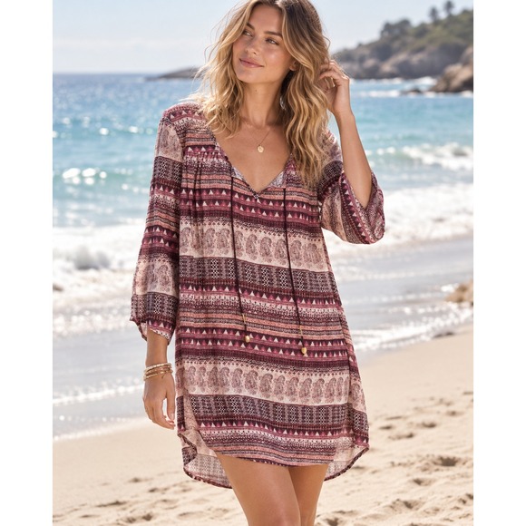 Billabong Dresses & Skirts - Billabong Take Me Away Dress Size Small Red Burgundy Boho Hippie Beach Cover Up